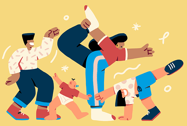 En familj med barn som tränar och rör på sig. Illustration: Falko Gentrup