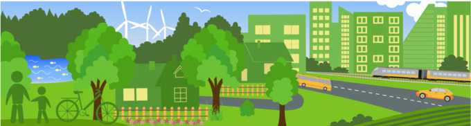 Illustration i gröna och gula färger med bebyggd miljö, hus, park, väg, trafik, en sjö och människor.
