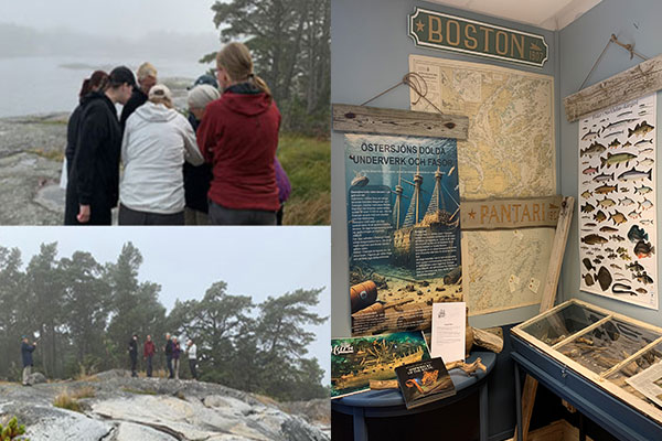 Till vänster: Människor i grupp på klippor vid havet. Till höger: Detalj från utställningen i Havsrummet på Nämdö.