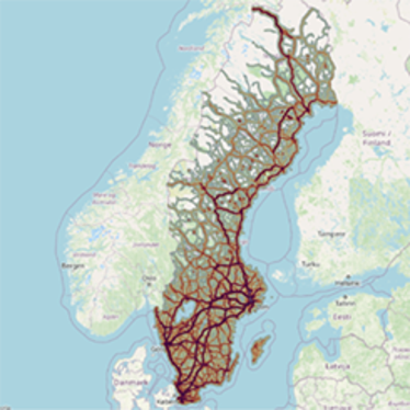 Kartbild över Sverige ur Naturvårdsverkets kartläggning av ljudmiljö i naturområden.