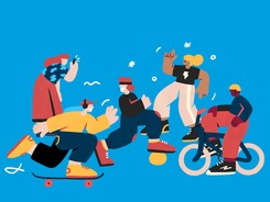Färgglad illustration av unga personer som åker skateboard och cyklar.