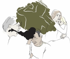 Illustration av tre personer med olika åldrar och uttryck, där en kvinna omfamnar och skyddar ett barn och en annan person utsätts för verbalt våld..