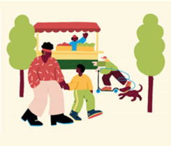 Illustration av en familj och en hund i en park nära ett grönsaksstånd.
