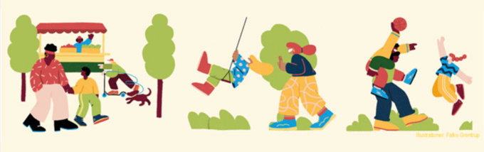 Illustration av människor som utför olika fritidsaktiviteter utomhus, inklusive lek i en park och barn som köper glass.