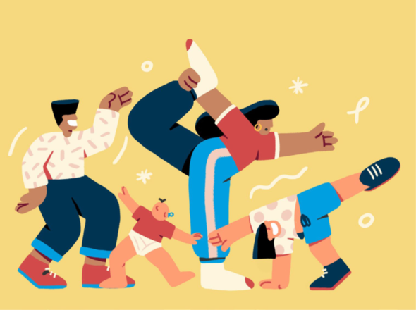 Illustration av en glad familj som dansar tillsammans.