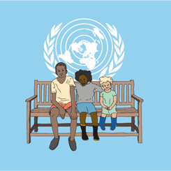 Illustration av tre barn som sitter på en bänk.