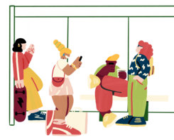 Illustration av fyra ungdomar som väntar på bussen vid en busshållplats