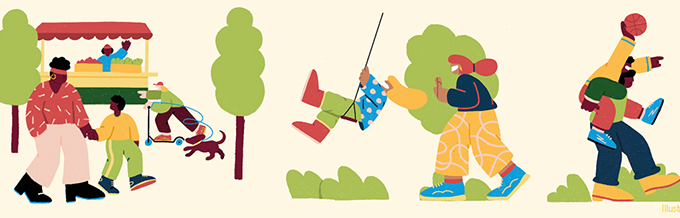Illustration av människor som går, gungar, och leker.