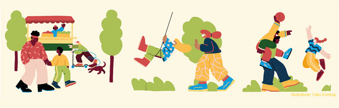 Illustration av människor som njuter av olika aktiviteter utomhus, inklusive en glasskiosk och lek med fiskespö.