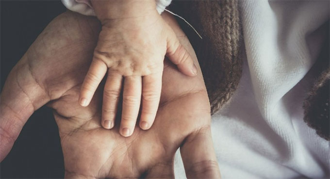 Närbild på en vuxen hand som håller ett litet barns hand.