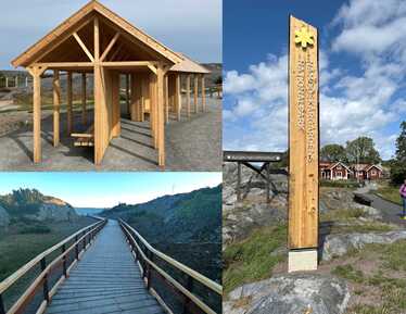 Kollage - en skärmtak utomhus under byggnation, en spång samt en informationspelare med texten Nämdöskärgårdens nationalpark utomhus.