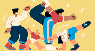 Illustration av glada barn och en mamma som dansar tillsammans.