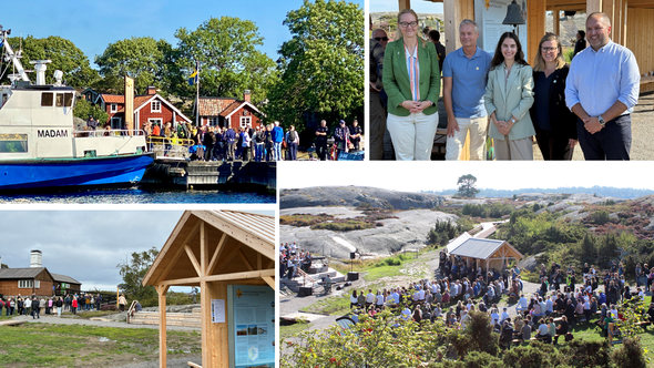 Kollage av olika människor och aktiviteter på landsbygden, inklusive utomhusmöten och vandringar., på invigningen av Nämndö nationalpark.