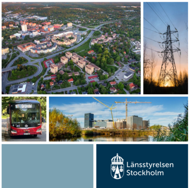 Kollage av bilder som visar urbana och industriella scener i Stockholms län, inklusive bostadsområden, elledningar och kollektivtrafik.