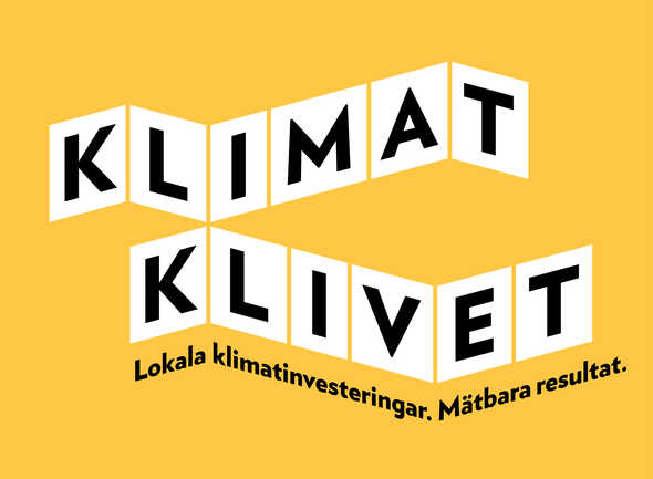 Grafisk bild av "Klimatklivet" i kubform på gul bakgrund med texten "Lokala klimatinvesteringar. Mätbara resultat."