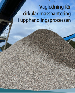 Stor grushög under transportband, överlagd text: "Vägledning för cirkulär masshantering i upphandlingsprocessen" Stor grushög under transportband, överlagd text: "Vägledning för cirkulär masshantering i upphandlingsprocessen"