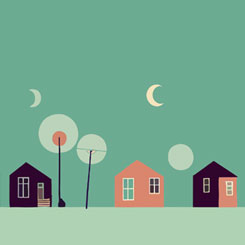 Illustration. Tre hus, gatulyktor och halvmånar mot en grön bakgrund.