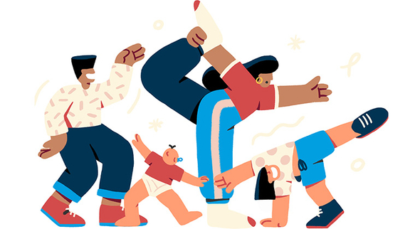 Illustration Två vuxna och två barn som gymnastiserar, dansar och hjular tillsammans..