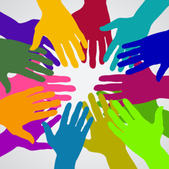 Illustration av händer i olika färger.