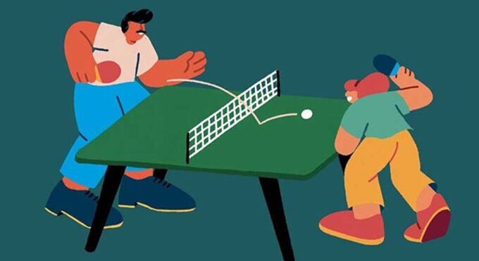 Illustration av Falko Gentrup: Två personer som spelar bordtennis.