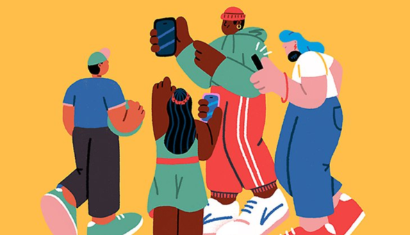 Färgglad illustration av flera personer som använder mobiltelefoner.