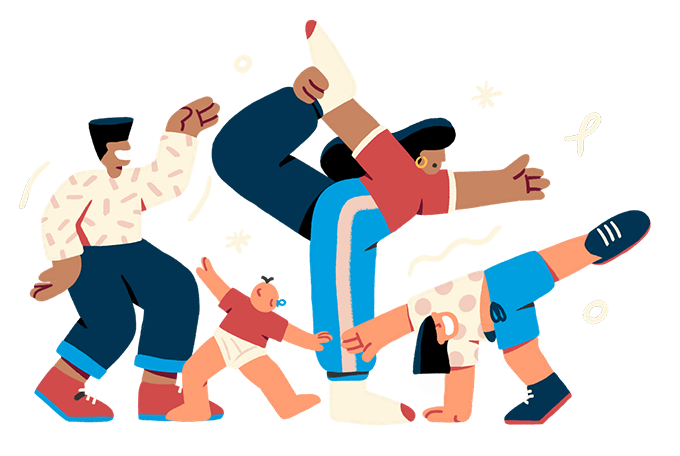 Vuxna och barn rör sig, och gör gymnastik. Illustration: Falko Grentrup