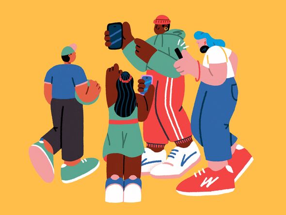 Färgstark illustration av fem personer som samlas och tar bilder med mobiltelefoner.