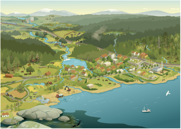Färgrik kustby vid havet med en båt, slingrande flod, skog, jordbruk och berg i bakgrunden