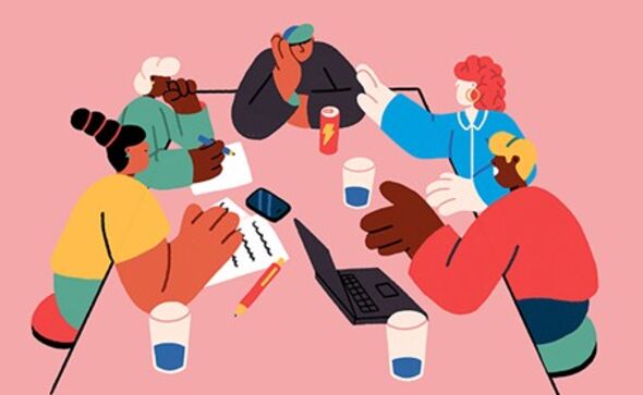 Illustration av en grupp människor som samarbetar runt ett bord med laptop, anteckningar och drycker.