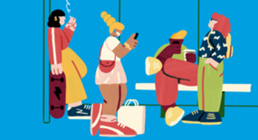 Färgstark illustration av fyra personer vid en busshållplats: en med skateboard, en med shoppingkasse och två med mobiltelefoner Färgstark illustration av fyra personer vid en busshållplats: en med skateboard, en med shoppingkasse och två med mobiltelefoner