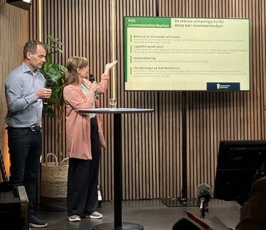 Två personer presenterar framför en skärm med punktlista i en studiomiljö.