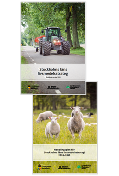 Omslag med traktor på väg under träd och omslag med betande får i grönt landskap.