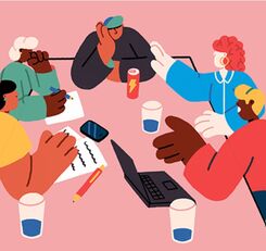 Illustration: Människor kring ett mötesbord. 