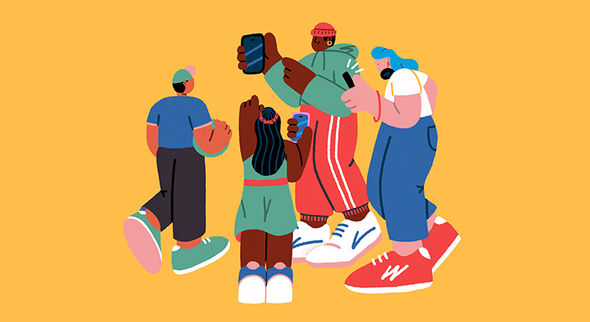 Illustration av fem personer i färgglada kläder som står i en cirkel och tittar på mobiltelefoner