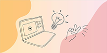 A laptop, a light bulb and a hand making V-signs. Illustration