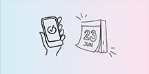 En hånd som holder en smarttelefon samt en kalender som viser 23. juni Illustrasjon