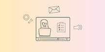 A screen and icons for settings, email and audio. Illustration