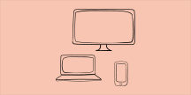 Three different screens, a large monitor, a laptop and a smartphone. Illustration