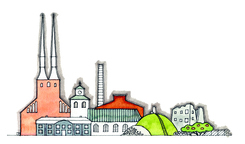 Akvarell som visar välkända byggnader i Växjö.