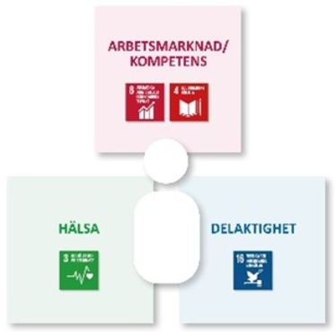 Pusseldiagram som presenterar olika teman: Arbetsmarknad/Kompetens, Hälsa och Delaktighet, med tillhörande ikoner och statistik.