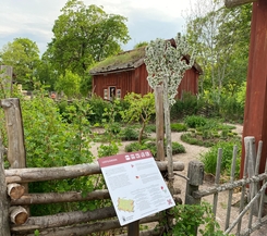 En informationsskylt på en gärdesgård som omgärdar en trädgård runt några gamla trähus med gröna tak.