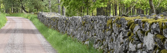 En stenmur längs en grusväg.