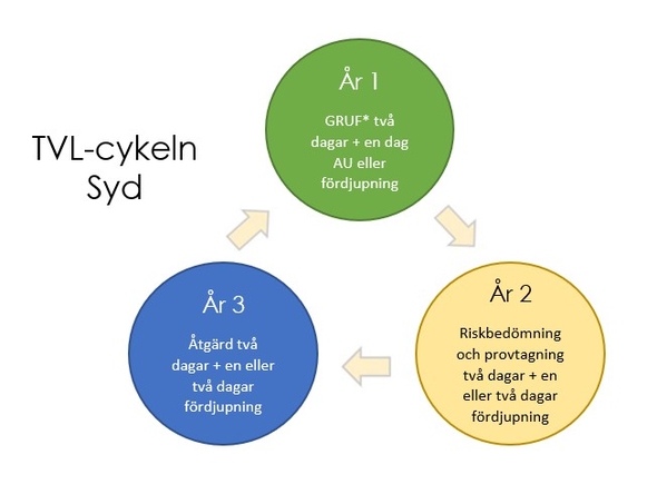 En grafisk illustration av TVL-cykeln. År ett GRUF två dagar. År två riskbedömning och provtagning två dagar, år tre åtgärd två dagar