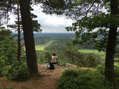Person sitter på en klippa i skogen och blickar ut över en vidsträckt landskap.