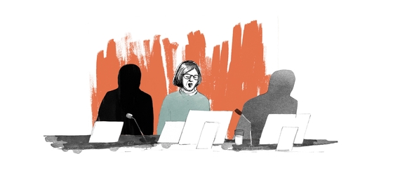 Illustration av tre personer som arbetar vid laptops med en abstrakt orange bakgrund.