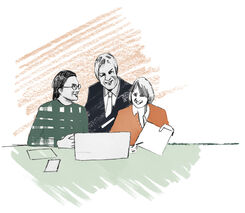 Illustration av tre kollegor som samarbetar vid en bärbar dator, med papper och leenden.