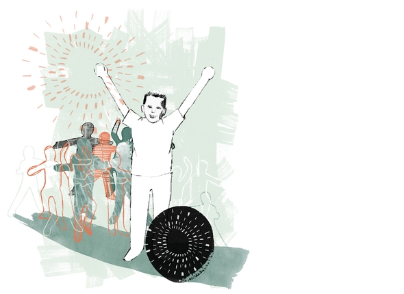 Illustration av glad person med armarna sträckta i luften och barn som leker bakom