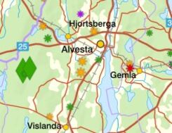 Utdrag ur karta över området kring Alvesta med omgivande orter Hjortsberga, Gemla och Vislanda.