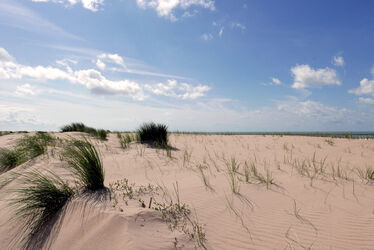 Vita sanddyner under en blå himmel.