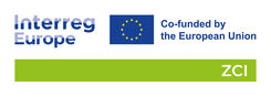 Logotyper: Interreg Europe, EU-flagga med text "Co‑funded by the European Union" och grön ruta med ZCI.